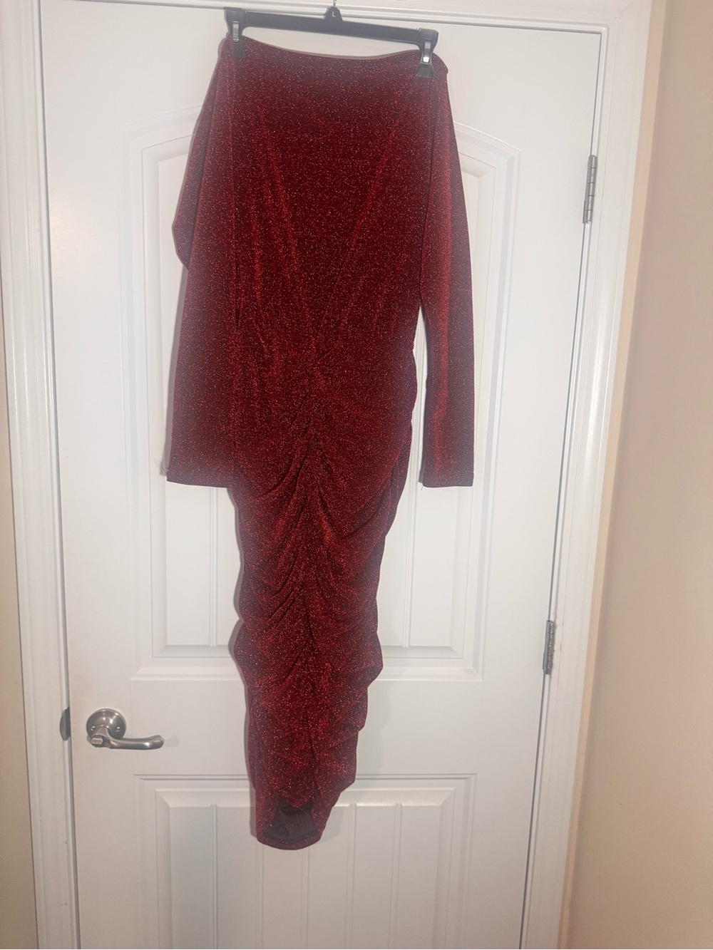 Sparkle Red Ruched Long-Sleeve Midi Dress